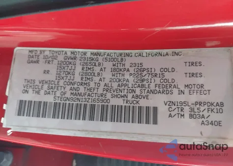 2003 Toyota Tacoma Prerunner V6 z USA, uszkodzony, nr VIN 5TEGN92N13Z165900